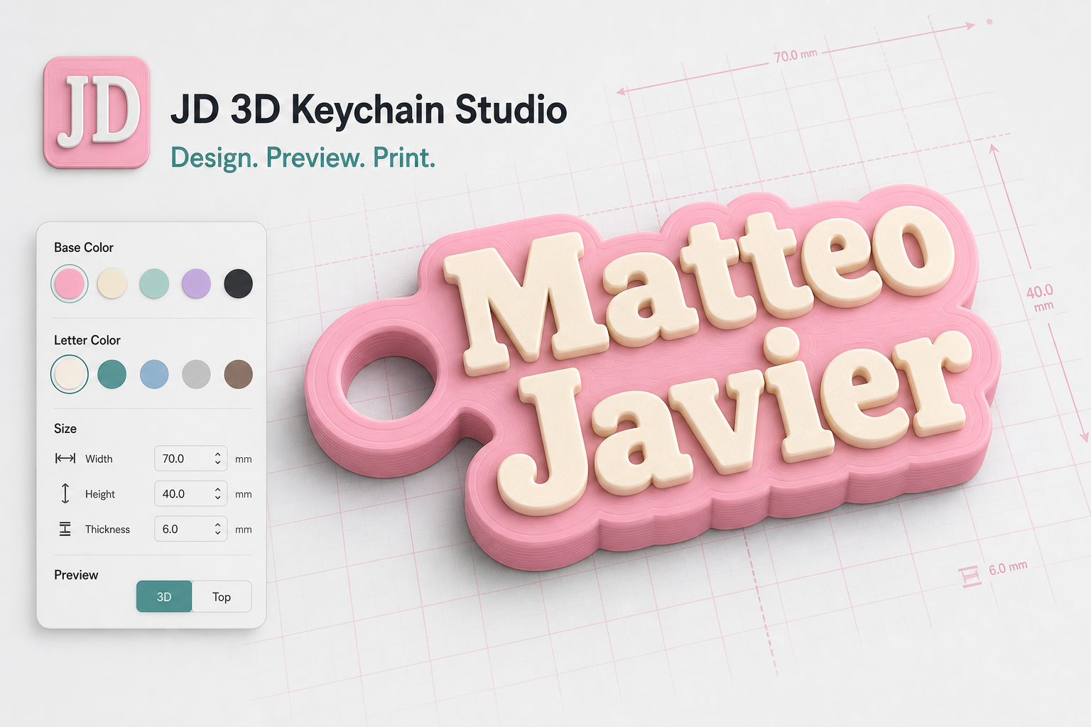 Pastel pink keychain in the JD 3D Keychain Studio